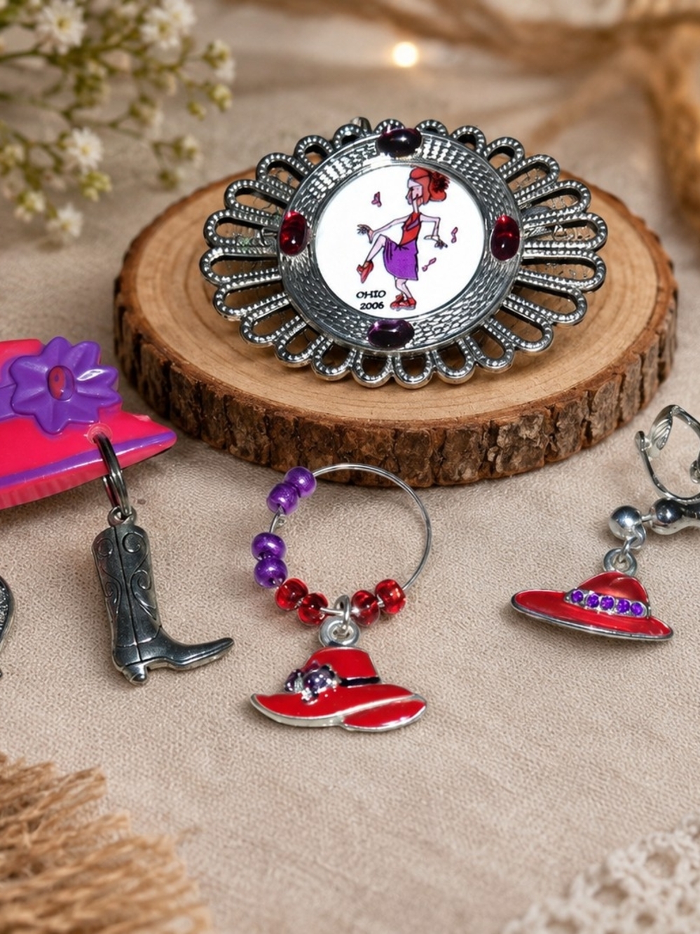 Red Hat Society Charm Earrings with Purple Beads